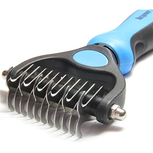 Maxpower Planet Pet Grooming Brush - Double Sided Dematting Undercoat Rake for Dogs and Cats, Extra Wide Pet Brush to Reduce Shedding by 95% (Blue, S) | 9 & 17 Teeth, Deshedding & Dematting Tool, Long & Thick Double Coats, Non-Slip Handle, Reduces Sheddin