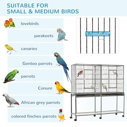 PawHut 65" Double Rolling Metal Bird Cage with Divider, Large Parrot Cage for Parakeet, Canaries, Lovebirds, Budgie, Finch, with Detachable Rolling Stand, Storage Shelf, Wood Perch & Food Container | for Parakeet, Canaries, Lovebirds, Budgie, Finch, Detac