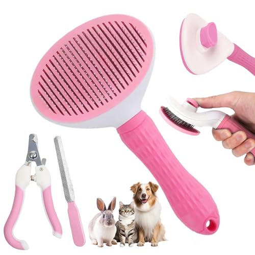 Aglads 3PCS Cat Rabbit Bunny Dog Grooming Kit, Self-Cleaning Slicker Cat & Dog Brush for Shedding, Fine-Needle Comb, Pet Nail Clipper & File for Long/Short-Haired Pets, Easy to Remove Loose (3, pink) - color: Pink