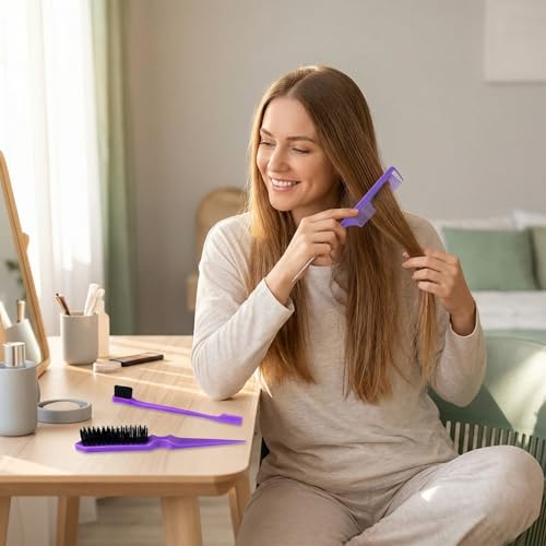 Slick Back Hair Brush Set, Purple 3-Piece Rat Tail Brush Teasing Comb with Metal Pin and Edge Brush Comb for Parting Smoothing and Styling at Home or Salon - color: purple