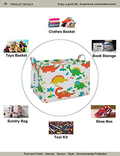 Rectangular Dinosaur Laundry Storage Bin for Adults and Kids | Damp resistant canvas fabric, sturdy stitched carry handles, foldable design organizes closet and playroom daily supplies - color: Dinosaur paradise