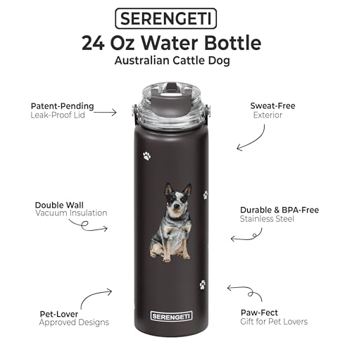 SERENGETI 24 Oz Water Bottle Stainless Steel with Spill Proof Lid - Double walled Vacuum Insulated water flask - Realistic 3D Print of your favorite dog (Australian Cattle Dog) - color: Australian Cattle Dog