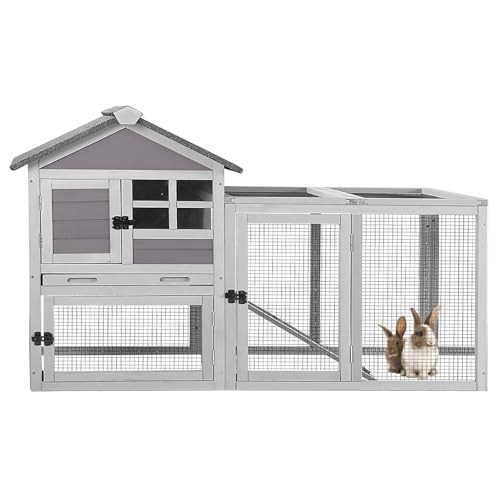 Large Rabbit Hutch Outdoor Indoor, Bunny Cage with 4 Access Areas & Pull-Out Leak-Proof Trays, Waterproof Roof Wooden Bunny Hutch for 1-2 Rabbits, Guinea Pigs, Chickens - color: Grey-XZ7002