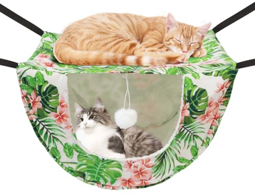 JSPYFITS Cat Cage Hammock with Ball,Double Layer Hanging Adjustable Soft Pet Bed Suit for Kitten Ferret Puppy Rabbit or Small Pet, 2 Level Indoor Bed for All Season(INS Green Leaves) - color: Green Leaves