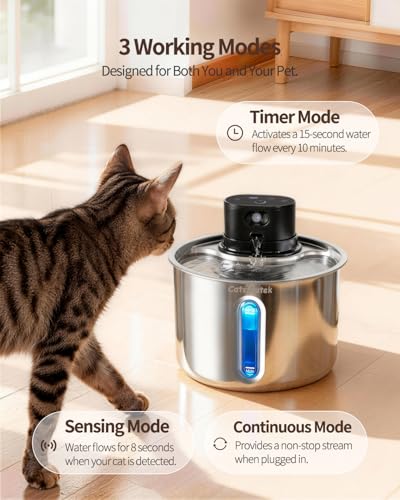 Cordless Stainless Steel Cat Water Fountain Battery Operated Pet Fountain | 74oz/2.2L Wireless Pet Water Fountain for cats indoor- Quiet Automatic Cat Fountain with 5000mAh Battery -Easy to clean