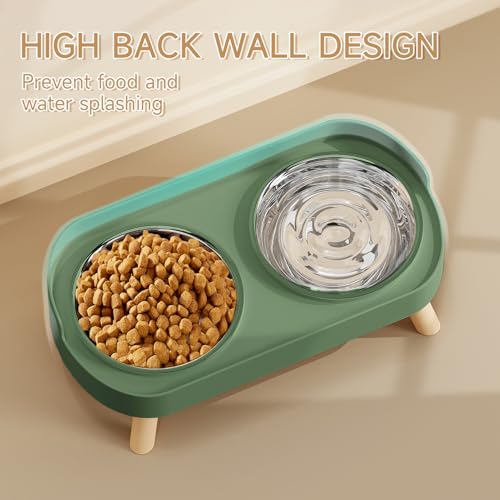 Elevated Cat Bowl, Raised Cat Food and Water Bowl Set for Indoor Cats, Splash Proof with 2 Stainless Steel Pet Food Bowls for Cats and Puppies, Whisker Fatigue and Dishwasher Safe - Green - color: Cat Bowls-Green