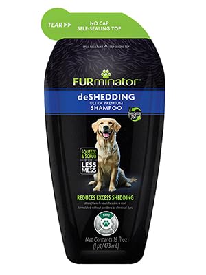 FURminator Ultra Premium deShedding Shampoo for Dogs, 16 oz Pouch | Self-Sealing Spill Resistant Pouch, Reduces Excess Shedding, Helps Remove Wet Dog Smell, No Parabens or Dyes, Fresh Scent - size: 16 oz, style: Pouch Shampoo