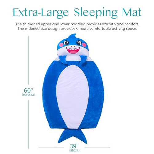 JOIEDOMI Kids Sleeping Bag 4 5 6 Year Old Girl Gifts Toddler Nap Mat with Pillow & Blanket 60" x 39" for Kids Ages 3+ Soft Plush Sleeping Mat for Preschool and Boys Girls - color: Blue Shark