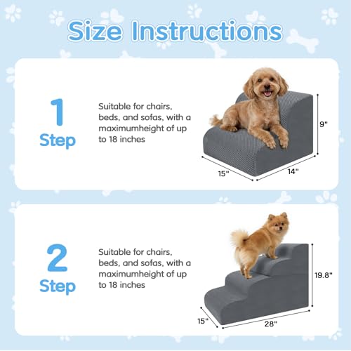 Dog Stairs for Small Dogs, 2-Steps Dog Ramp for Couch, Pet Stairs with Highly Supportive Foam and Non-Slip Bottom, Pet Steps for Cat & Doggie (High 11.8Inch)