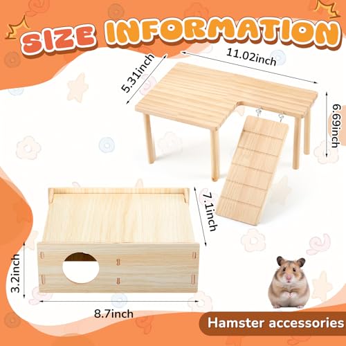 2 Pcs Natural Wooden Hamster Platform & Multi-Chamber Hideout, Flip-top Labyrinth Tunnel Cage Accessories for Syrian Dwarf Hamsters, Gerbils, Mice, Stress Relief Small Animal Habitat Decor