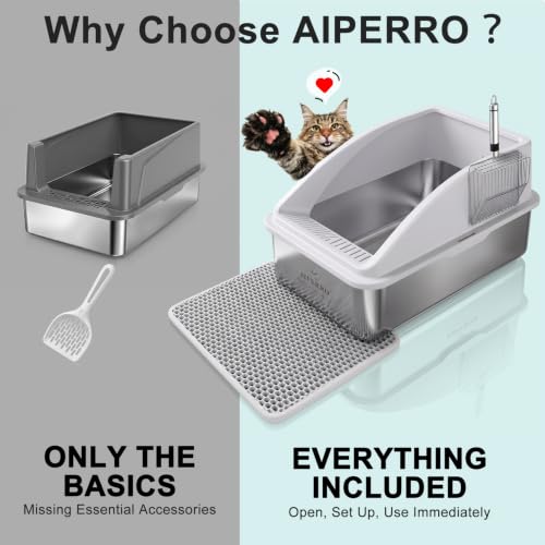 AIPERRO Stainless Steel Litter Box | XL Enclosed Cat Litter Boxes with Lid for Big Cats | High Sided, Anti-Urine Leakage | Non-Stick Bottom & Includes Litter Mat & Metal Scoop - color: Silver Grey, size: X-Large