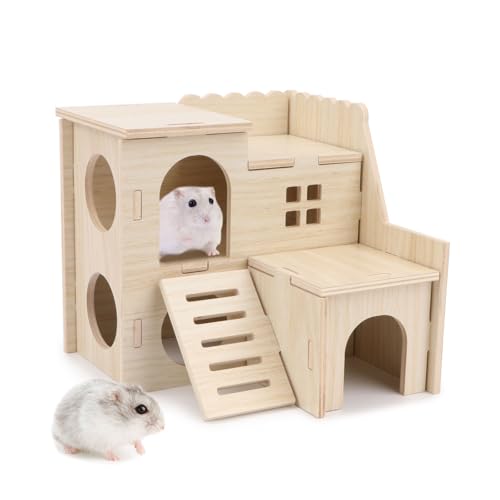 Wontee Dwarf Hamster Hideout Wooden House Maze Fun Slide Double-Decker Hut for Dwarf Hamsters Gerbils Mice or Similar Sized Pets