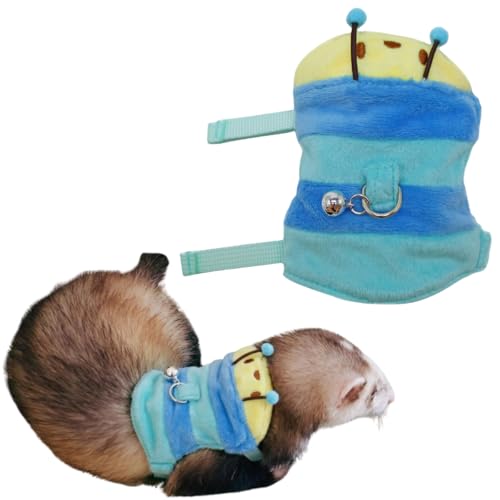 Ferret Harness and Leash Set - Small Animal Soft Fleece Vest with Safe Bell Halloween Outfit Adjustable Traction Rope Outdoor Walking Training Leash for Ferret Bearded Dragon Kitten Rabbit (Blue) - color: Blue