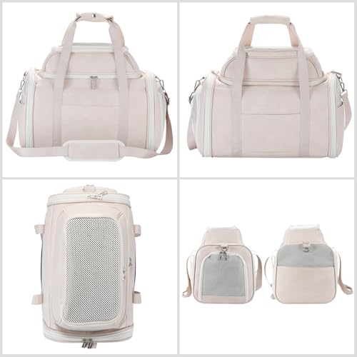 Premium Leather Top Expandable Pet Carrier for Small Dogs & Cats Under 15 lbs, Airline Approved Collapsible Soft-Sided Luxury Travel Bag Beige - color: Beige