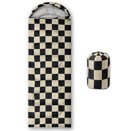 Sleeping Bags for Adults and Kids Backpacking Camping Sleeping Bags for Girls and Boys Lightweight Waterproof Cold/Warm Sleeping Bag for All Season - color: Black and White Check