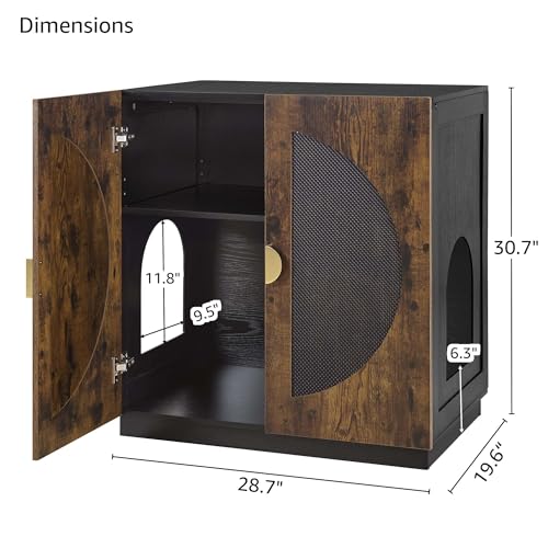 unipaws Tall Cat Litter Box Enclosure for Tall or Top Entry Litter Box | Hidden Litter Box Cover with Shelves, Kitty Enclosed Litter Box Cabinet, Cat Box Furniture - color: Rustic and Black