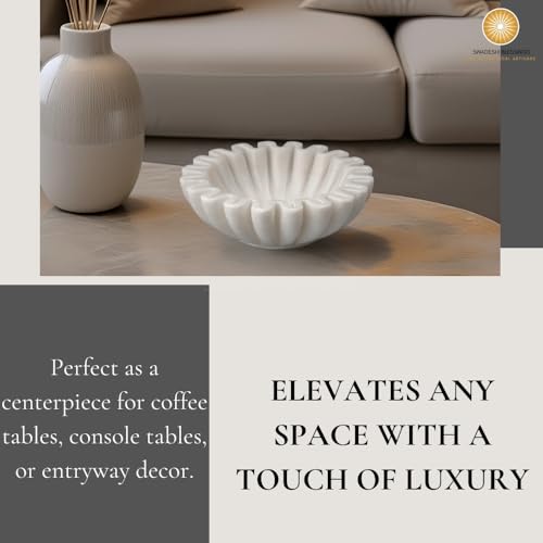 SWADESHI BLESSINGS Handcrafted Marble Ruffle Bowl for Home Decor, 7" | 100% Real White Marble, Catch-all Scalloped Fluted Decorative Bowl for Ring Dish, Fruit Bowl, Coffee&Dining Table, Gift-Ready - size: 7 Inches