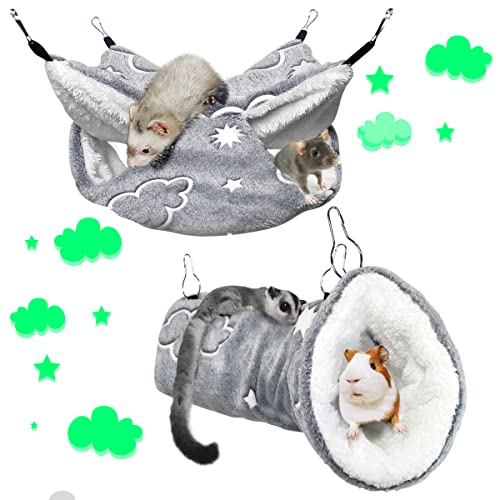 LEFTSTARER Noctilucent Luminous Guinea Pig Rat Hammock Bunkbed Hanging Tunnel and Soft Bed Mat for Ferret Hedgehog Squirrel Hideout Cage Accessories (1.Tunnel and Bunkbed Hammock) - color: 1.Cloud Hammok and Tunnel