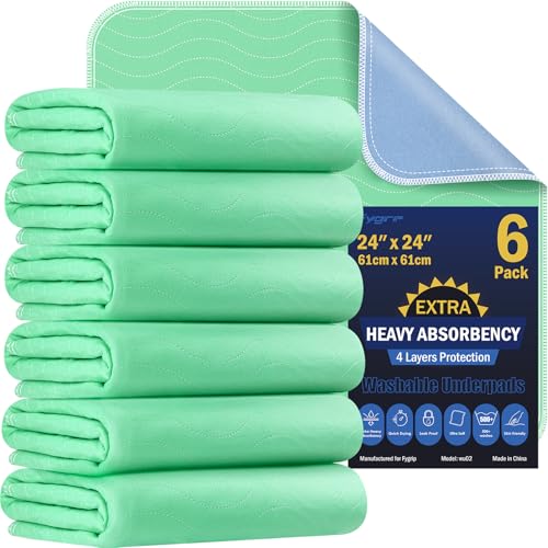 6 Pack 24” x 24” Extra Heavy Absorbency Washable Underpads Bed Pads | WaterProof Nursing Pads Incontinence, Reusable Washable Pee Pads for Dogs, Diaper Changing & Adults, Washable Puppy Pads - size: 6 Pack - 24" x 24"