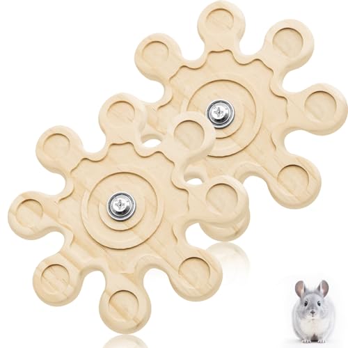 2Pcs Chinchilla Chew Toys Guinea Pig Toys Hamster Rabbit Cage Chew Accessories Rotating Grinding Natural Wooden Snowflake-Shaped 6.3 Inch Diameter Wheel Spinner Interactive for Enrichment Teeth