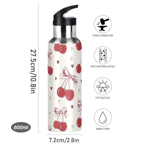 Red Bow Cherry Water Bottle Girls Kids Stainless Steel with Straw Lid | Leak Proof Water BottleBoys Girls Insulated Tumbler Cup for School 20 oz - color: Multi19