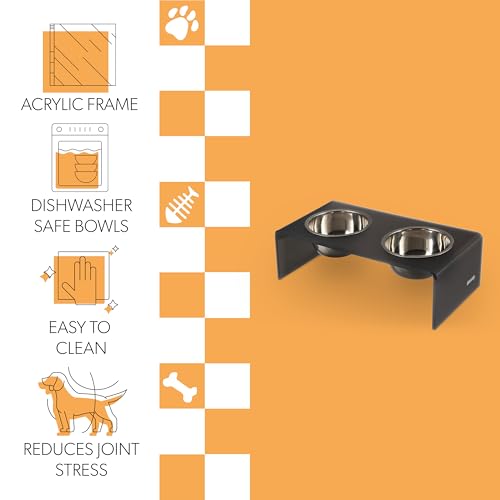 DBL2001J Keaton 7.5" Medium/Large Modern Acrylic Rectangular Elevated Pet Feeder with 54oz 2-Stainless Steel Bowls, Dark Gray/Chrome - color: Dark Gray/Chrome, size: 54 Ounces (7.5" Cups 2-Pack)