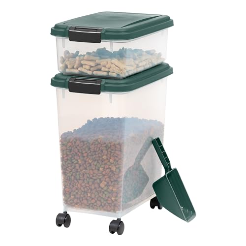 IRIS USA Airtight Pet Food Container, Up to 30 lbs & 11 lbs, Green | Airtight Seal, BPA-Free, 2-Cup Scoop, Stackable Design, Rolling Wheels, Dual Storage - size: 30 lbs, 11 lbs