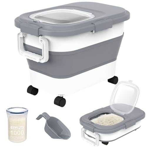 HOYTAMDA 20-30Lbs Collapsible Rice Container,Food Storage Containers Wheels | Rice Storage Container with Airtight Clear Lid,Handle,Small Bin &Scoop,Rice Dispenser for Flour Sugar Cereal Dog Cat Food - color: Grey-20/30lbs