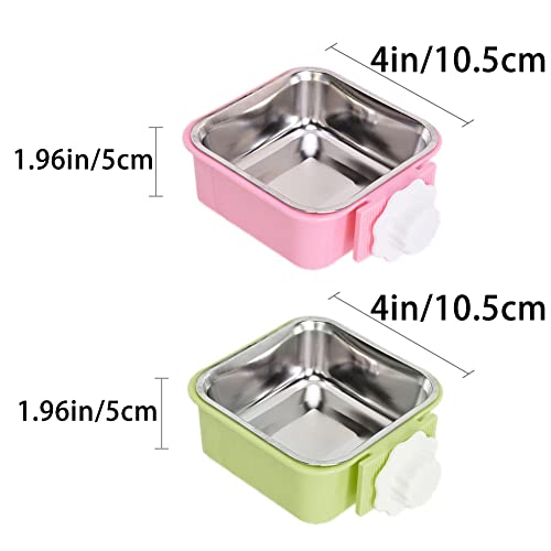 Crate Dog Bowl,Removable Stainless Steel Water Food Feeder Bowls Crate Coop Cup,Pet Cage Bowls with Bolt Holder for Cat, Puppy, Birds, Rats, Rabbits Small Animals ((Green+Pink) Square, Samll) - color: (Green+Pink) Square, size: Small