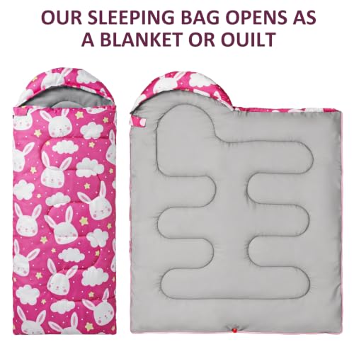 Kids Sleeping Bags - Camping Sleeping Bags with Carry Bag - Compact Sleeping Bag for Hiking, Backpacking 3 Season Warm & Cool Weather, Lightweight Waterproof Outdoor Travel for Boys Girls - color: Pink