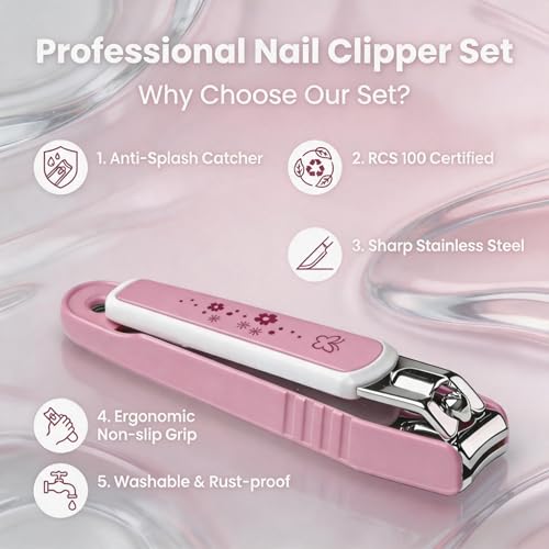 PAFASON Ultra Sharp Nail Clipper Set, Fingernail and Toenail Trimmer Cutter, Stainless Steel, Curved Blade, Sturdy, Nail Catcher, Nail Files for Men and Women - color: Pink