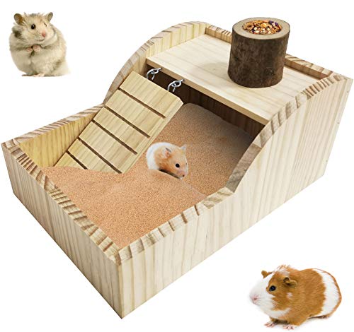 kathson Hamster Sand Bath Box Wooden Small Animals Shower Room Chinchilla Digging Sand Bathtub Container with Climbing Ladder Bowl for Dwarf Syrian Mice Mouse Gerbils Hedgehog