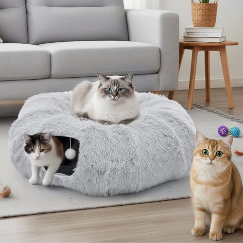 DUMOS Cat Tunnel Bed for Indoor Cats, Cave Donut Play Tunnel, Grey | Soft Plush Peekaboo, Washable Circle Cushion, Multifunctional Playground Under Tree Toys for Kittens, Puppy, Rabbit, Ferret - color: Gray