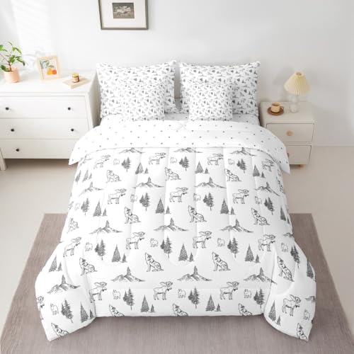 Erosebridal Woodland Animals 7 Piece Comforter Set Full Size Bear Deer Wolf Hunting Theme Bedding Set for Kids Child | Rustic Cabin Lodge Decor Sheets Farmhouse Wildlife Mountain Black White Quilt - color: Black White, size: Full