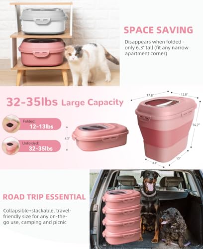 30-35Lbs Airtight Dog Food Storage Container,Collapsible Dog Food Container | Large Pet Food Storage Container with Double Airtight Seal & Magnetic Lid,Dog Food Bin with Wheels,2Pcs Containers,Scoop,Pink - color: Pink