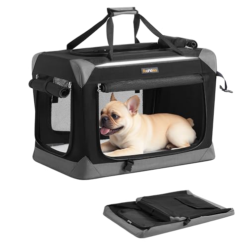 Feandrea Collapsible Dog Crate, Portable Oxford Fabric Pet Travel Crate with 4 Mesh Doors, Handles, Pocket, 24 Inches, for Small Dogs, Ink Black and Dove Gray UPDC026BH01 - size: M (24"L x 16.5"W x 16.5"H)