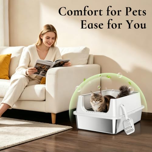 XL Open Top Stainless Steel Litter Box with High Sides, Gray | Extra Large Metal Cat Litter Pan , XL Litter Box, Non-Stick Easy Clean Anti-Leak Kitty Litter Pan, Odor Control, Open Top - color: Gray