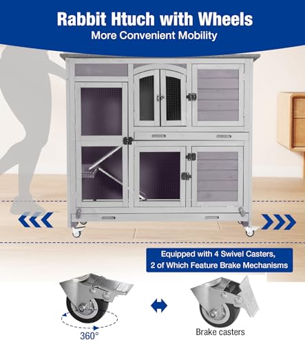 2-Story Rabbit Hutch with Wheels, Bunny Cage with Two Deepened Leak-Proof Trays, Indoor Outdoor Guinea Pig Cage with Waterproof Asphalt Roof - Grey - color: 44"L Grape Purple