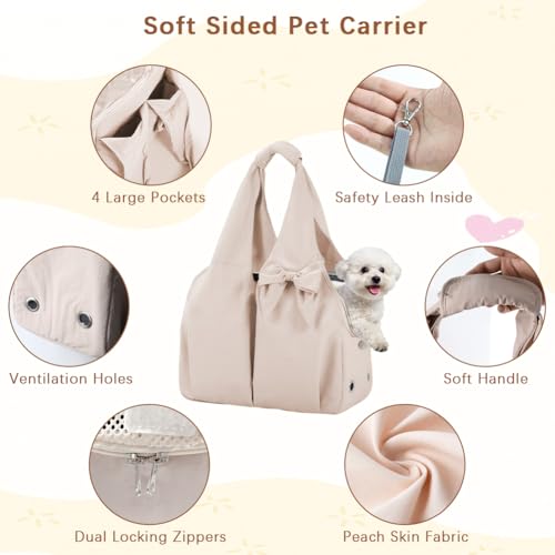 Lightweight Dog Purse Carrier for Small Dogs, Soft-Sided Pet Tote Bag with 4 Large Pockets,Dog Bag Carrier for Travel Outdoor, Smart Zipper Lock, Fits Pets up to 15 lbs, Cat, Dog, Rabbit