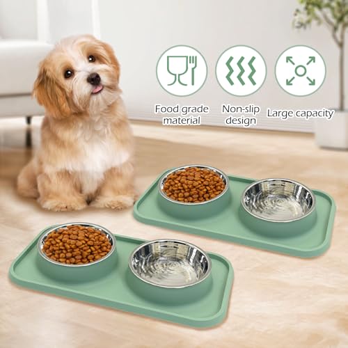 BNOSDM 2 Pcs Double Dog Food Bowls, Stainless Steel Small Dog Food and Water Bowls with Non-Spill Plastic Mat, Pet Cat Feeder Dish Set for Puppy Cats Kitten, Green - color: Green【Set of 2】