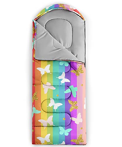 QOOMO Camping Sleeping Bags,3 Season Warm & Cool Weather,Lightweight,Waterproof Sleeping Bags for Adults & Kids,Traveling,and Outdoors,Camping Gear Equipment - color: Rainbow Butterfly 2