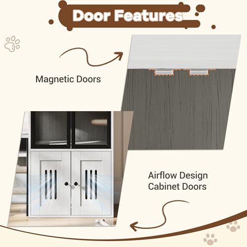 TrailBlaze Litter Box Enclosure with Platform, Double Layer Hidden Furniture, Modern Villa Cat Cabinet with Ladder, Hammock & Metal Mesh Door, Indoor Washroom Cat House-White - color: Retro White