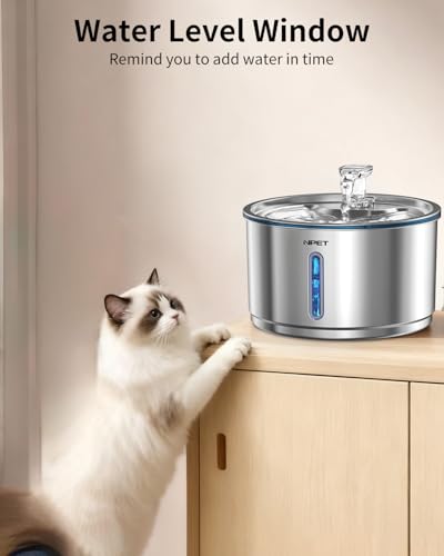 NPET Stainless Steel Cat Water Fountain, 1Gallon/135oz Automatic Pet Drinking Fountain Dog Water Dispenser Bowl with Water Level Window for Cats Indoor - WF210Plus