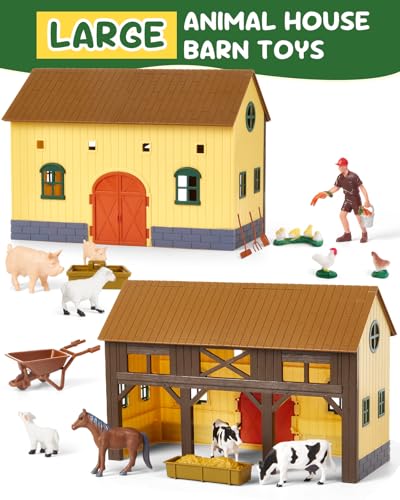 Gleamkid Farm Animals Toys for Kids: 5 in 1 Animal Farm Barn Toy, Tractor Trailer Set with Light & Sound, Washing Horse Stable, Animal Figurines, Training Horse Playset for Toddlers Boys Girl Ages 3+
