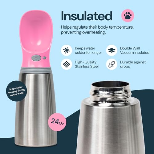 MalsiPree Insulated Dog Water Bottle - 24 oz Pink, Stainless Steel | 24oz insulated steel bottle & bowl - leak-proof - Use for dog travel, hiking, park & beach days - color: Pink, size: 24oz - Insulated