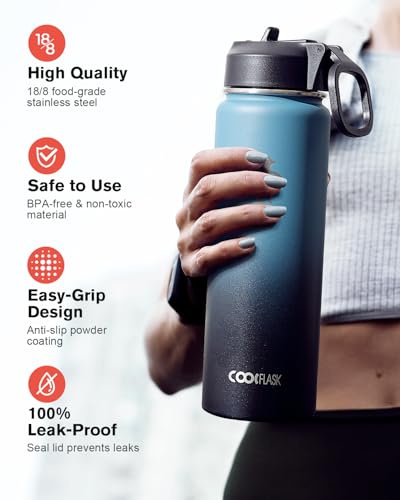 Coolflask 24 oz Insulated Water Bottle with Straw & 3 Leakproof Lids | Water Flask Stainless Steel Triple-Wall Vacuum, Cupholder Friendly, Cold 48+h, Dishwasher Safe, Non-BPA, for Gym & Hiking - color: Samurai Cyan, size: 24 Ounces