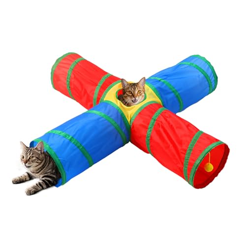 Pet Cat Tunnel, 4 Way Tunnels for Indoor Cats, Collapsible Pet Tunnel for Kitten, Puppy, Rabbit, 25cm-Wide Tunnels, Durable & Breathable, with Peek Hole Toy Ball - color: 4-way Junction Tunnel & Rainbow