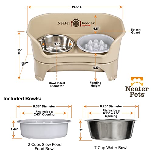 Neater Feeder Express Mess Proof Dog Bowls Elevated for Medium and Large Breed – Made in USA – No Spill Raised Slow Feeder Elevated Dog Bowl Stand, Slow Feed Food and Water Bowl Set, Almond - color: Almond, size: Medium to Large w/ 9 Peak Slow Feed Bowl