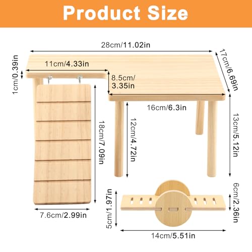 Wooden Hamster Platform, Multi-Functional Cage Climbing Toy with Round-Headed Seesaw for Food Bowl & Water Bottle, Cage Accessories for Dwarf Hamsters, Gerbils, Rats, Mice & Other Small Pets