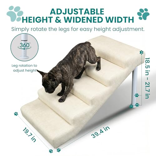 Dog Stairs for High Bed & Couch, Adjustable 5 Step Pet Steps | 19.7" Wide, For Small, Medium & Large Dogs, Non-slip Linen Faux Leather, Holds up to 150 lbs, Adjustable Height 18.5"–21.7"